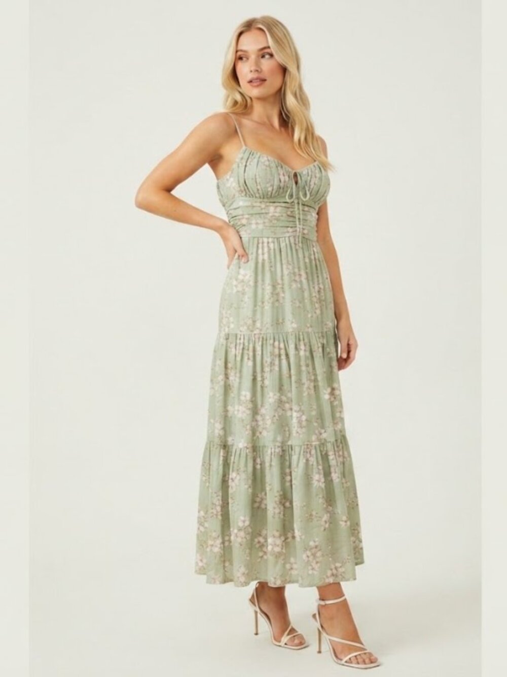 Altar'd State Sage Green Floral Ruched Bodice Maxi Dress Size L- NWT